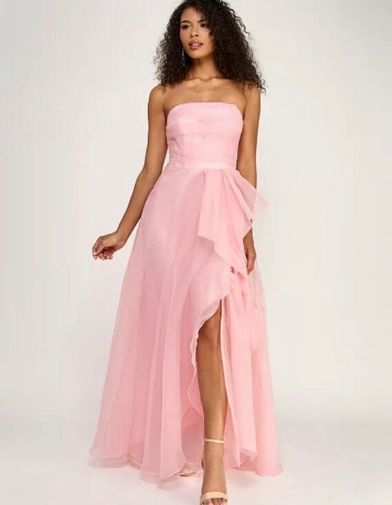B Darlin Dresses & Skirts - B. darlin Organza Strapless Shirred Bodice Cascade Ruffle Long Dress pink